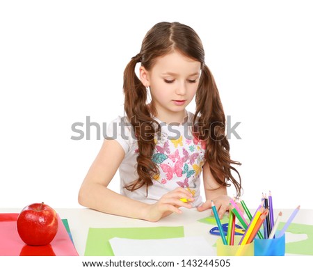 little girl painting a picture, isolated on white
