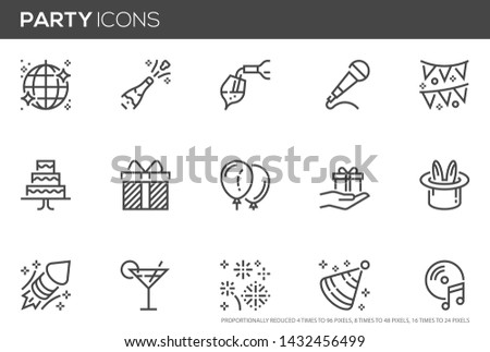 Party vector line icons set. Karaoke, cocktail, gift, balloon, firework. Editable Stroke. Perfect pixel icons, such can be scaled to 24, 48, 96 pixels.