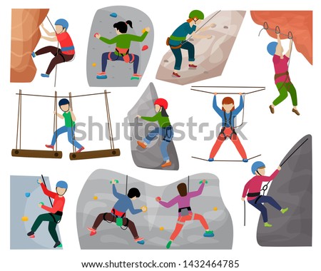 Kids climbing vector climber children character climbs rock mountain wall or mountainous cliff illustration mountaineering set of child in extreme sport mountaineer isolated on white background