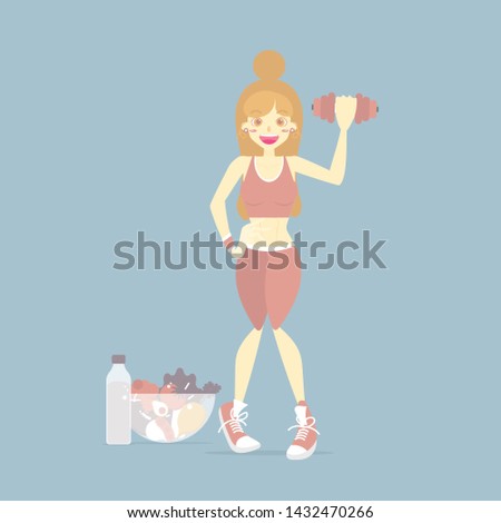 dieting woman, weight loss, activity fitness body building, healthy lifestyle, body in shape, exercise and sport concept, flat vector illustration cartoon design, isolated  character clip art