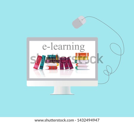Vector concept of e-learning, distance online education over blue background