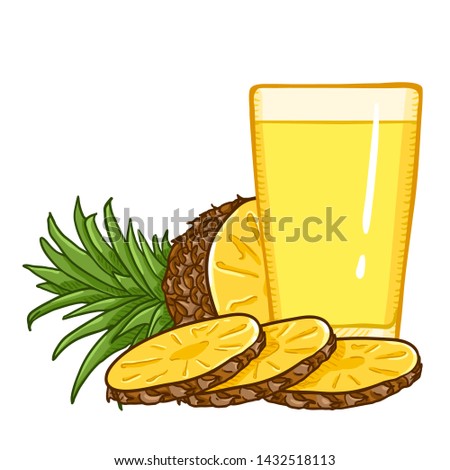 Pineapple Fruit and Juice. Vector Cartoon Illustration of Glass with Pineapple Juice.