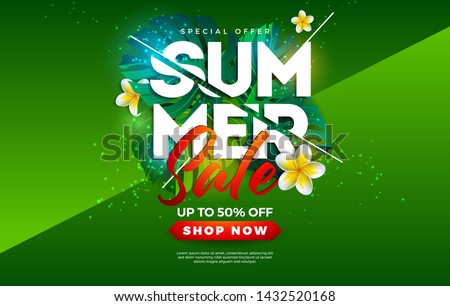Summer Sale Design with Flower and Exotic Palm Leaves on Green Background. Tropical Vector Special Offer Illustration with Typography Letter for Coupon, Voucher, Banner, Flyer, Promotional Poster