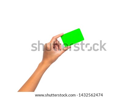 Hand hold blank business card  isolated on white background.
