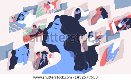 Beautiful young woman and scenes from her life. Concept of memories and thoughts, positive and negative traumatic experience, psychological trauma. Flat cartoon colorful vector illustration. Royalty-Free Stock Photo #1432579553