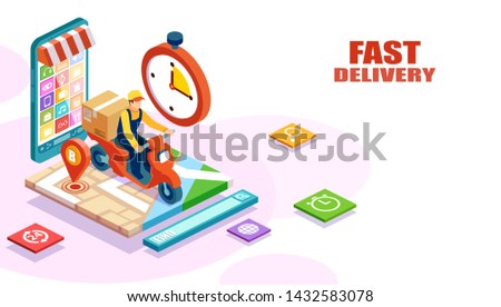 Isometric vector of fast and free delivery by man riding a scooter of an order made online. E-commerce concept