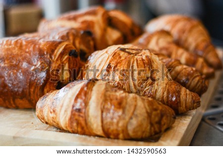 Croissants displayed for sale during the brunch hours Royalty-Free Stock Photo #1432590563