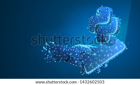 Phone in a hand with Python language symbol on mobile screen. coding software concept. Abstract, digital, wireframe, low poly mesh, polygonal Vector blue neon 3d illustration. Triangle, line, dot