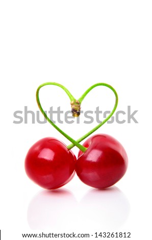 Heart shape from two cherries over white, with space for your text