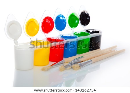 Water based paints and brush, isolated on a white background