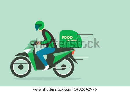 Icon or cartoon character flat style of motorcycle rider, transportation, courier, food delivery services for banner, poster advertising or promotion design. copy space. Royalty-Free Stock Photo #1432642976