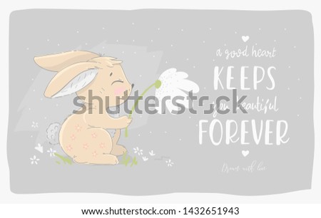 Hare with a flower. Cute vector illustration for postcard, invitation and nice mood.