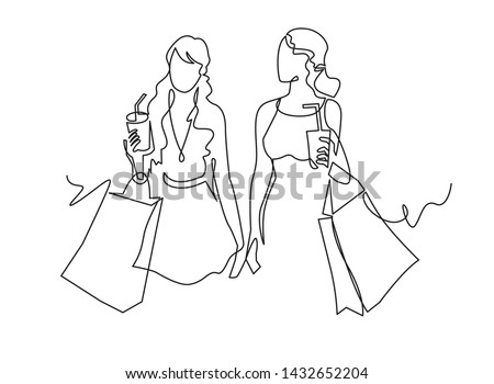 Continuous one line drawing two woman with shopping bags in their hands. Fashion girls with paper glass of coffee walking down the street. Female friend vector clip art isolated on white background