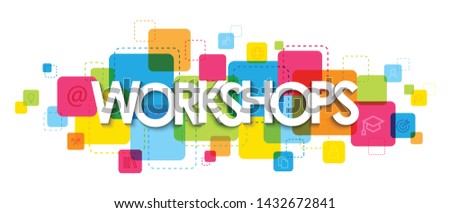 WORKSHOPS vector typography banner on colorful squares Royalty-Free Stock Photo #1432672841