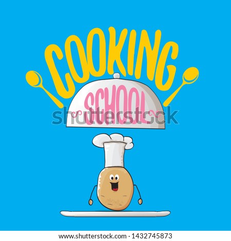 Cooking school classes logo or label with smiling chef potato with hat isolated on blue background. Vector Creative concept of cooking lessons for kids and family