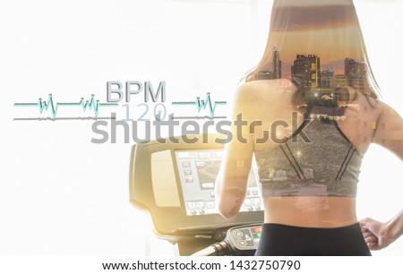 Double exposure photos of woman running and heart rate