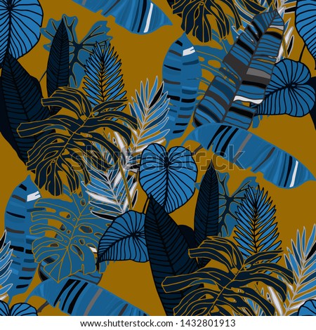 Hand drawn seamless pattern with tropical leaves: palms, monstera, passion fruit. Beautiful allover print with hand drawn exotic plants. Swimwear botanical design. Vector for any purposes