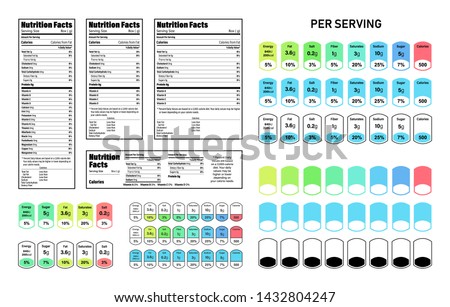 Nutrition Facts information label for box set. Daily value ingredient calories, cholesterol and fats in grams and percent. Flat design, vector illustration. Royalty-Free Stock Photo #1432804247