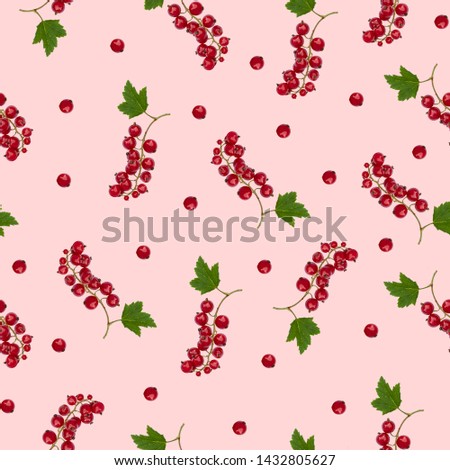 Seamless pattern of beautiful isolated red currant twigs with green leaf and single berries on pastel pink background. For packaging design, printing on fabric, paper.