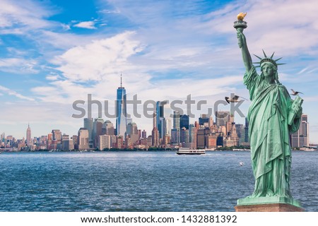 Statue of Liberty in front of the Manhattan skyline, with seagulls and boats, in New York,USA