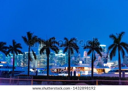 Palm trees, yachts and skyscrapers in Miami at night. Southern Florida, USA