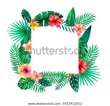 Watercolor tropical floral illustration - flower and leaf arrangement border frame for wedding, anniversary, birthday, invitations, cards, dates, etc. Save the date!