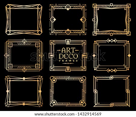 Art deco frames. Gold gatsby deco frame border, golden romantic invitation line pattern. 1920s retro luxury art design vector texture ornament shape framed elements Royalty-Free Stock Photo #1432914569