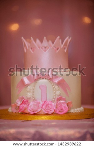 First Birthday Cake Pink Colored. One year birthday cake for baby girl. 1st Birthday Cake - Image