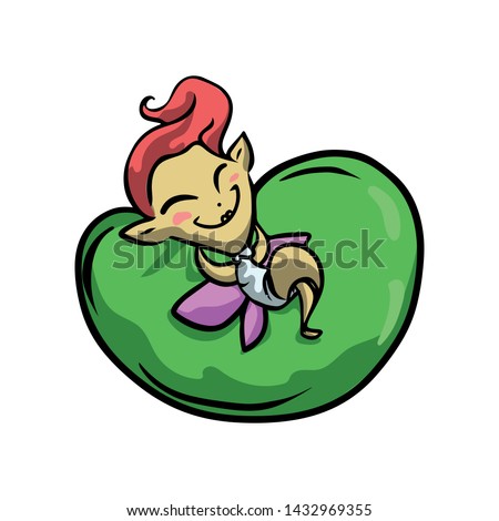Cute happy smiling fairy with red hair stays on leaf