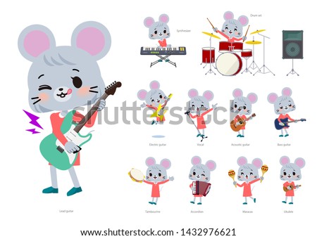 A set of mouse girl playing rock 'n' roll and pop music.There are also various instruments such as ukulele and tambourine.It's vector art so it's easy to edit.
