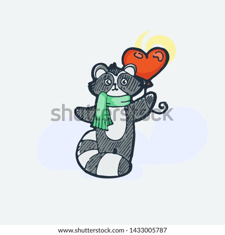 Cute raccoon with balloon. Cartoon hand drawn vector illustration. Nice for t-shirt print, kids wear fashion design, clip-art, baby shower invitation cards