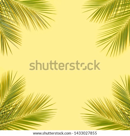 Green palm leaves on yellow background