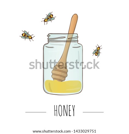 Vector illustration of honey jar with spoon and bees. Banner, card, template, sign, signboard or poster for home made honey shop. Honey themed icon, logo or sign.
