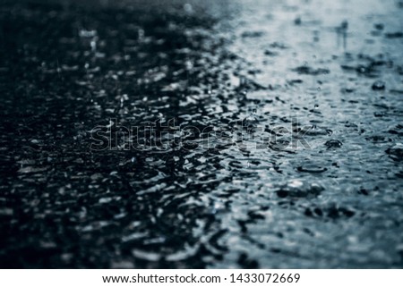 Close up of rain droplets. Reflection on water