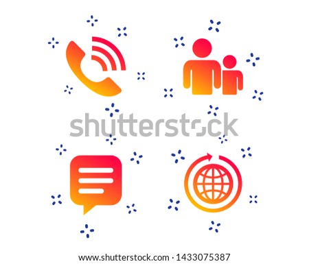 Group of people and share icons. Speech bubble and round the world arrow symbols. Communication signs. Random dynamic shapes. Gradient group icon. Vector