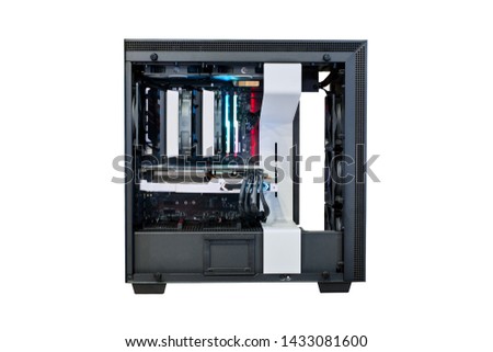 Open desktop computer PC on modify cooling version and LED RGB lighting show status on working mode from beside on black computer tower case, isolated on white background