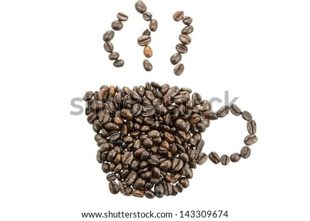 Roasted coffee beans placed in the shape of a cup and saucer on a white surface