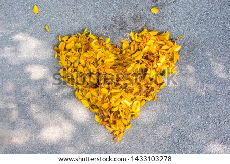 Top views Autumn leaves in the shape of heart. I love autumn. Greeting card. Orange and yellow colors.