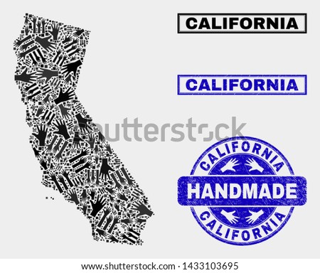 Vector handmade collage of California State map and rubber seals. Mosaic California State map is organized with randomized hands. Blue watermarks with unclean rubber texture.