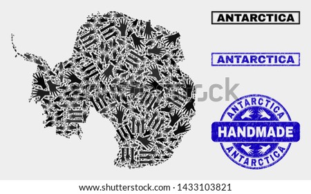 Vector handmade collage of Antarctica continent map and rubber stamp seals. Mosaic Antarctica continent map is formed with random hands. Blue stamp imprints with unclean rubber texture.