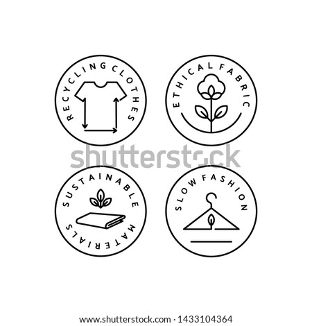Set Linear Icon Slow Fashion. Vector Logo, badge for eco-friendly manufacturing. Symbol of the natural and quality clothes. Recycling clothes. Conscious fashion. Ethical and eco Sustainable Materials. Royalty-Free Stock Photo #1433104364