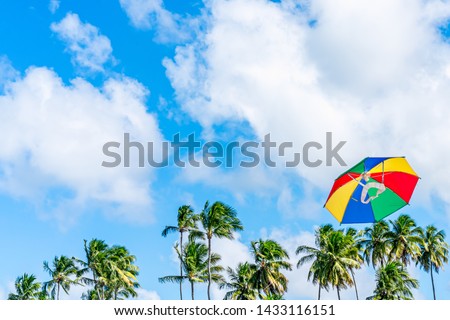 Beautiful and colorful frevo Umbrella kite flying in a blue sky day with coconut palms trees in the background. It is a symbol of Brazilian Carnival decoration in Recife and Olinda, Pernambuco, Brazil