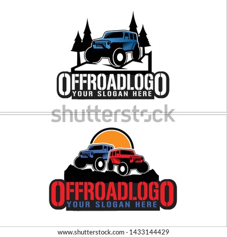 Black line art logo design car with icon tree sun and stone suitable for automotive mountain off road exploration outdoor