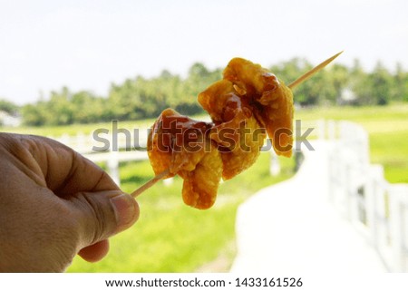 Close-up picture, hand grip, fried meatballs, blurred background