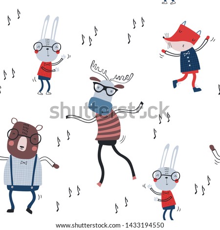 Seamless pattern with funny dancing animals. Creative scandinavian texture for fabric, wrapping, textile, wallpaper, apparel. Vector illustration in red, blue and gray colours.
