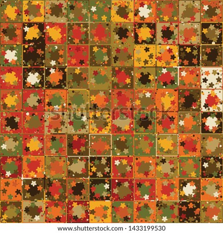 Seamless pattern. Multicolor bright texture. The checkered structure on which small flowers are scattered. Metallic and autumn gold mixed.