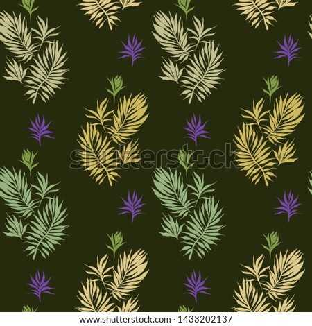 Abstract tropical plants pattern. Hand drawn fantasy exotic sprigs. Seamless floral background made of herbal foliage leaves for fashion design, textile, fabric and wallpaper.