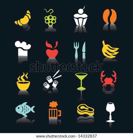 Multicolored food icons with shadows on black background, part 2