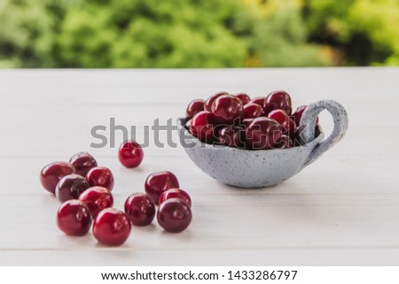 Fresh cherries in light blue plate on white wooden table with bright greens background. Summer and harvest concept