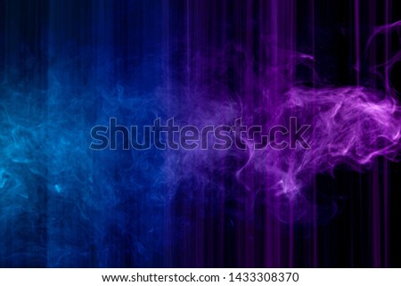 Abstract background of colored blue, purple  stripes and smoke. The concept of geometric aesthetics.

